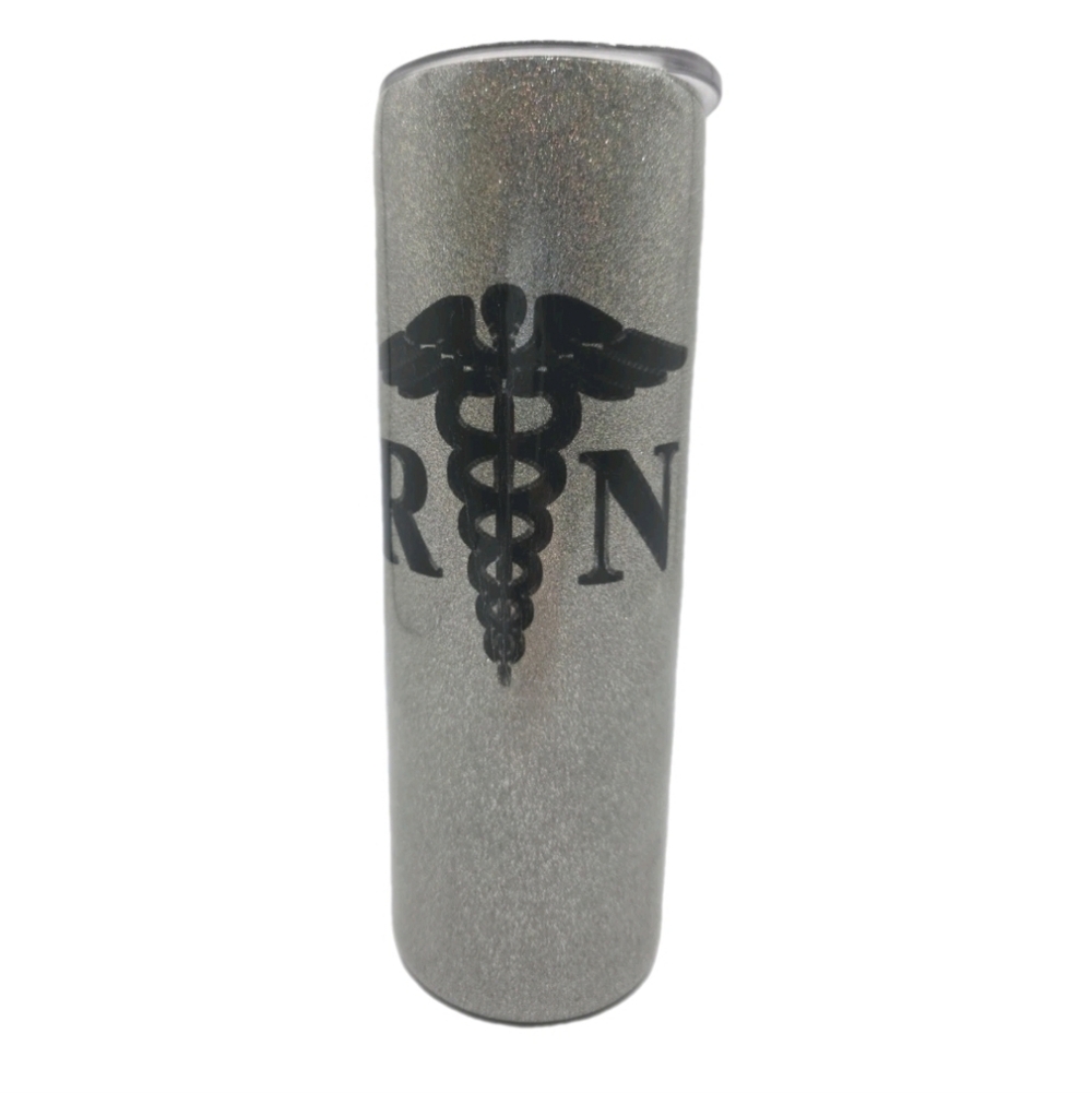 RN Silver Skinny Tumbler Stainless Steel Coffee Cup 16 oz Glitter Monogram Carla